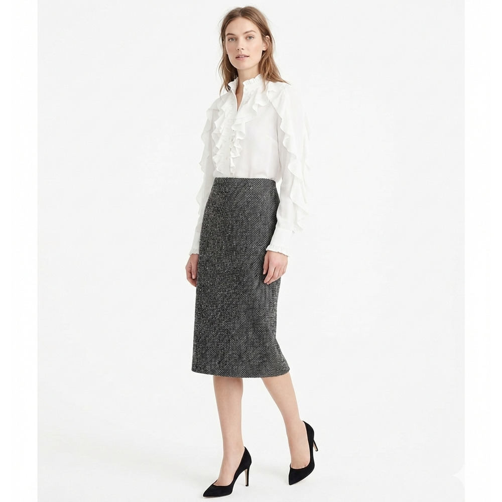 Ralph Lauren Wool Blend Pencil Midi Skirt Black Lined Herringbone Speckle 16
